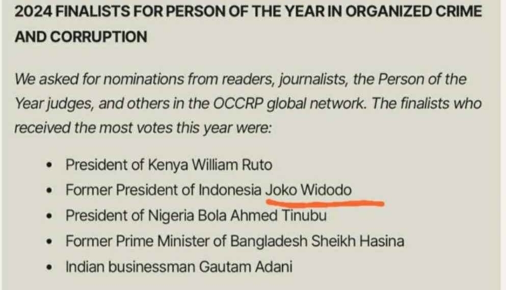 Hasil Tangkapan Layar dari Laman OCCRP yang menyebutkan Presiden Jokowi sebagai Finalis Nominasi Tokoh Terkorup Tahun 2024 yang dirilis OCCRP.