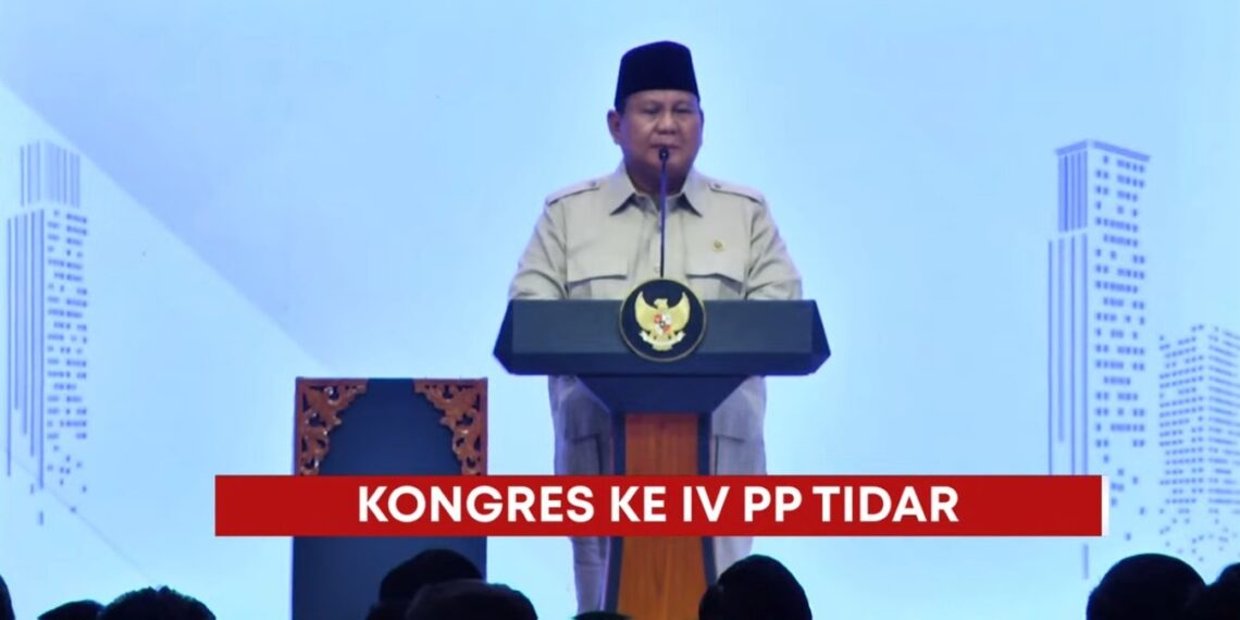 Presiden Prabowo saat menyampaikan arahan di Kongres IV Tunas Indonesia Raya (Tidar) di Jakarta, Sabtu (17/5/2025)