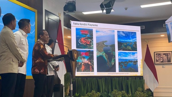 Menteri ESDM, Bahlil Lahadalia, saat konferensi pers terkait gambar hoax kerusakan Raja Ampat.