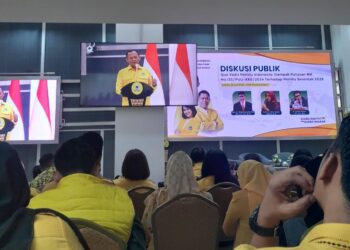 Sekjen DPP Partai Golkar, M. Sarmuji, saat menyampaikan sambutan dalam Diskusi Publik Quo Vadis Pemilu Indonesia? yang diadakan oleh DPP Partai Golkar pada Kamis (24/7).