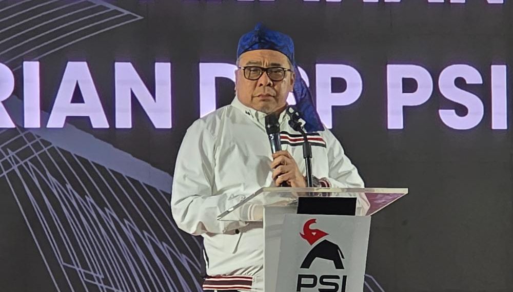 Ketua Harian DPP PSI, Ahmad Ali, dalam Rapat Koordinasi Wilayah (Rakorwil) DPW PSI Banten, di Hotel Mercure, Tangerang Selatan, Banten, Minggu (14/12/2025).