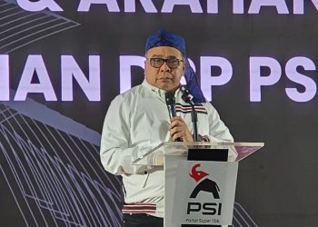 Ketua Harian DPP PSI, Ahmad Ali, dalam Rapat Koordinasi Wilayah (Rakorwil) DPW PSI Banten, di Hotel Mercure, Tangerang Selatan, Banten, Minggu (14/12/2025).